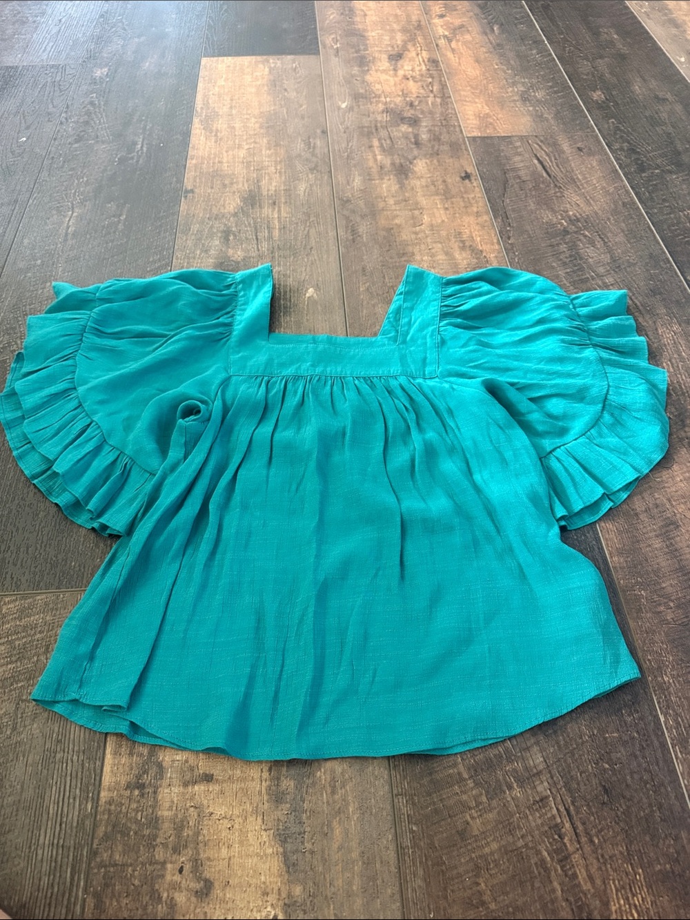Zac & Rachel Teal Square-Neck Ruffle Sleeve Blouse